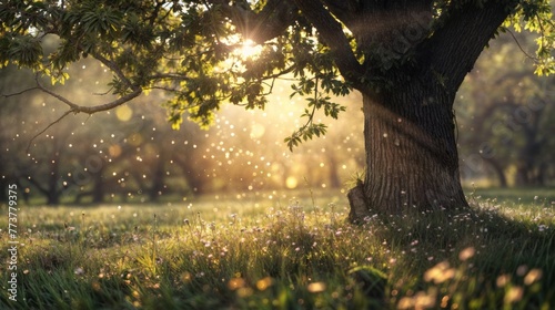 Beautiful summer landscape with sunbeams shining through the branches of a tree