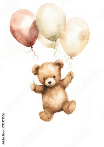 Watercolor illustration of a baby bear holding beige balloons in his right hand, flies upwards, white background