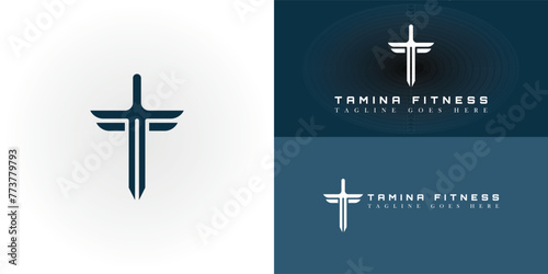 abstract initial letter TF or FT logo in the form of a sword in blue color isolated in multiple background colors. The logo is suitable for a vibrant community gym logo design inspiration template photo