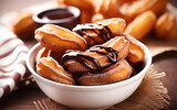Spanish churros with chocolate sauce on a wooden table. Often eaten as a breakfast or snack, it is accompanied by hot chocolate.