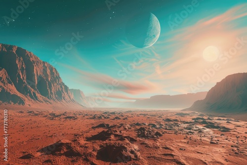 A desolate desert landscape with a large planet in the sky