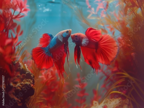 Two red fish swimming in a tank with red plants