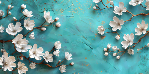 Beautiful spring nature background with lovely blossom  petal a on turquoise blue background and wallpaper  top view  frame. Springtime concept.