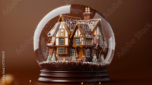 A 3D Max tiny Tudor-style home within a glass globe, showcased against a rich chocolate brown background. photo