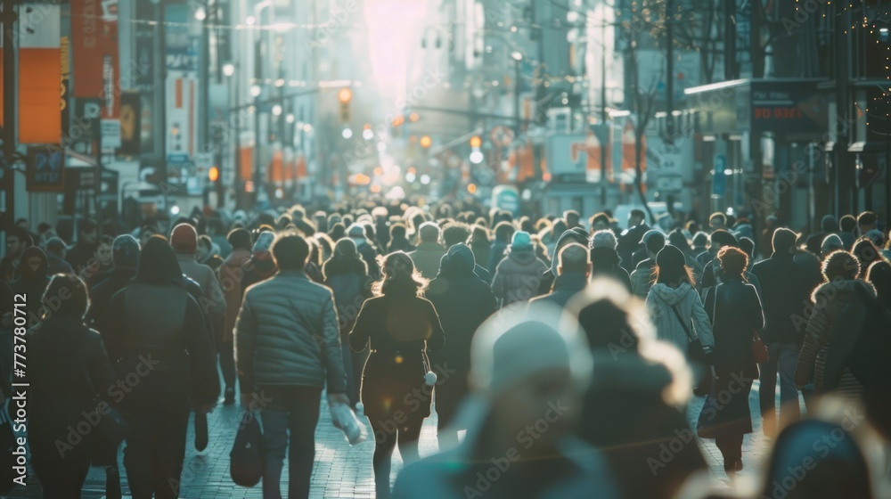 Fototapeta premium Crowd of people walking on on a city street, defocused