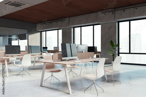 Contemporary coworking office interior with furniture, windows and equipment. Workplace concept. 3D Rendering. © Who is Danny