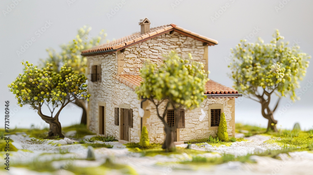 A 3D Max tiny Mediterranean villa with trees