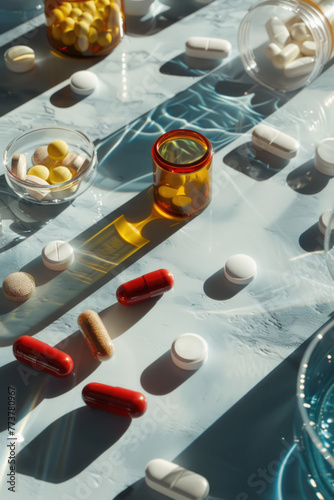 A table with many different colored pills and a bottle of pills