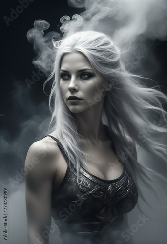 Portrait of a beautiful blonde woman with smoke in her hair