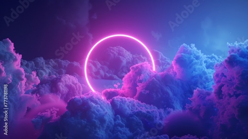 3d render  abstract cloud illuminated with neon light ring on dark night sky. Glowing geometric shape  round frame