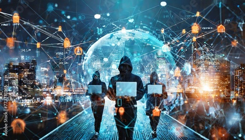 A cyber attack or Cybersecurity concept. Abstract digital hacker teams are hacking system. Polygonal conception of fraud and internet criminal. Vector 3D illustration. Technology futuristic background
