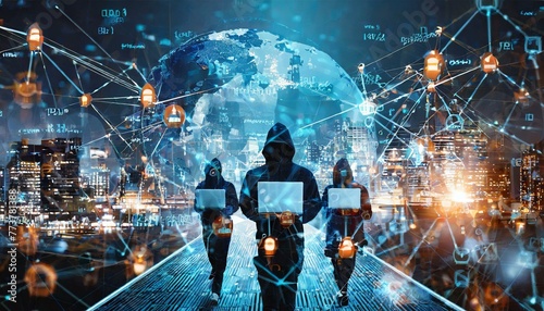 A cyber attack or Cybersecurity concept. Abstract digital hacker teams are hacking system. Polygonal conception of fraud and internet criminal. Vector 3D illustration. Technology futuristic background