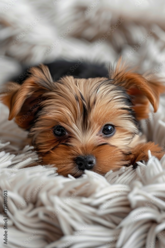 A small brown and black dog is laying on a white blanket A small brown and black dog is laying on a white blanket