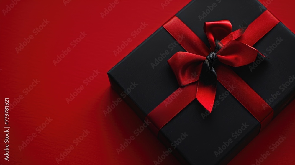 A black box with a red bow on top of a red background