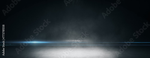 Spotlight on dark stage with blue neon light and smoke, suspenseful event backdrop. 3D Rendering