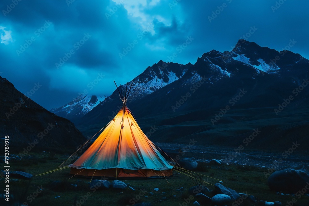 Camping in the mountains at night,  Tents in the mountains