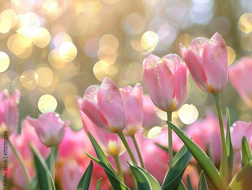 Obraz premium A field of pink flowers with a blurry background