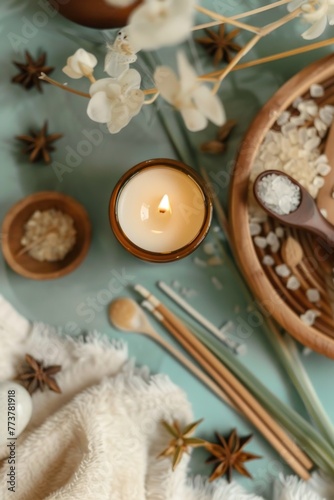 A candle is lit on a table with other items such as a spoon  a bowl of salt