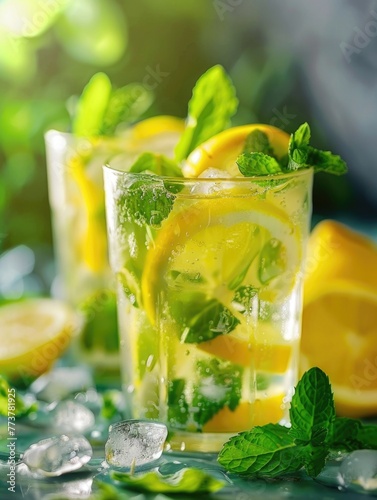 Two glasses of lemonade with ice and mint leaves