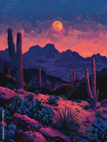 A painting of a desert landscape with a cactus and a moon in the sky