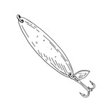 Fishing hook minnow vector illustration tackle. Metal fly gudgeon spinner lure feeding. Bait line drawing. Ink silhouette. Spoon angler tool black outline 