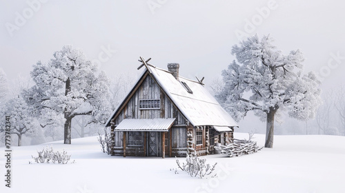 A 3D Max rustic miniature lodge with a steep gabled roof, isolated on a winter white background to evoke the cozy charm of a snowy retreat. © MuhammadHamza