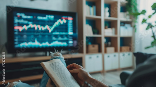 Hand of investor reading a book and television showing stock chart in white tone room,