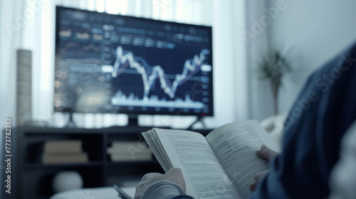 Hand of investor reading a book and television showing stock chart in white tone room,