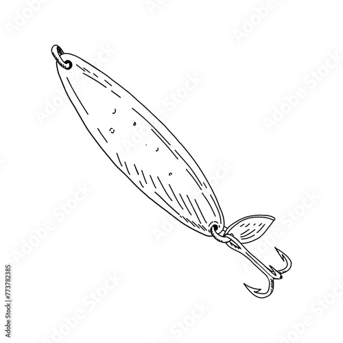 Fishing hook minnow vector illustration tackle. Metal fly gudgeon spinner lure feeding. Bait line drawing. Ink silhouette. Spoon angler tool black outline 