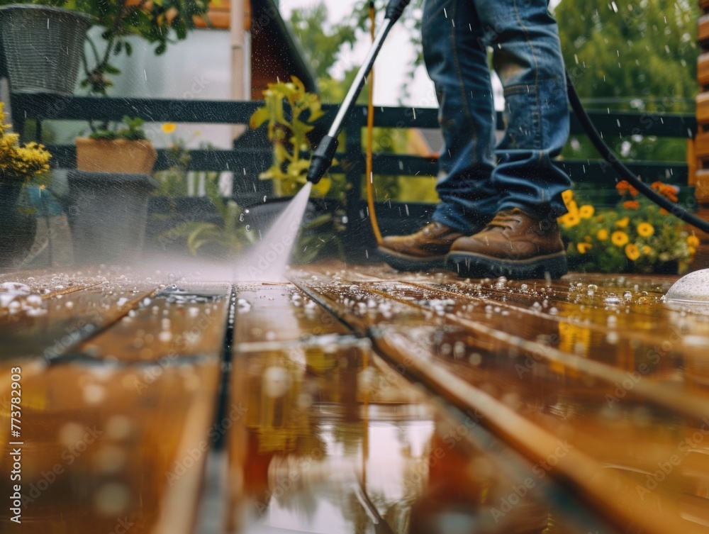 A man is cleaning a deck with a pressure washer A man is cleaning a deck with a pressure washer