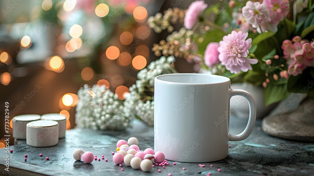 In the gentle glow of natural light, a white mug rests on a sturdy wooden table surrounded by an assortment of wildflowers and candies, for mockup. In the gentle glow of natural light, a white mug rests on a sturdy wooden table surrounded by an assortment of wildflowers and candies, for mockup.