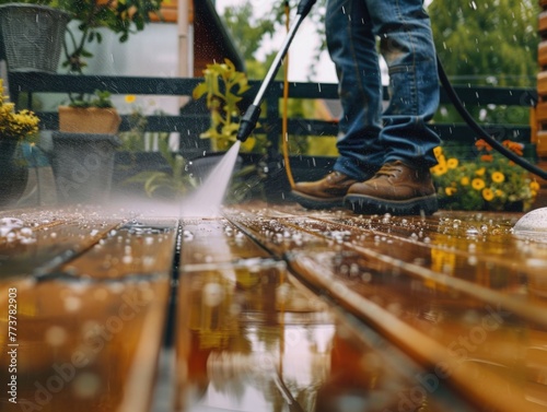 A man is cleaning a deck with a pressure washer
