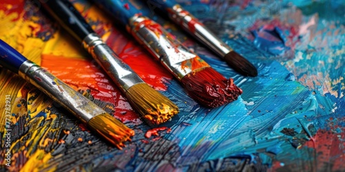 A painting with a variety of paintbrushes and paint splatters on a canvas