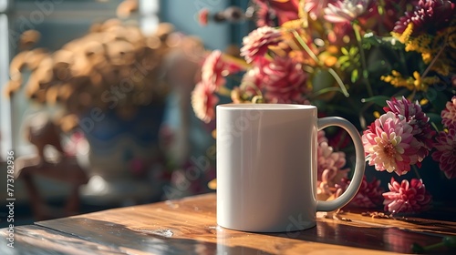 Wallpaper Mural A white mug takes center stage among scattered wildflowers on a rustic wooden table, illuminated by soft natural light, for mockup. Torontodigital.ca