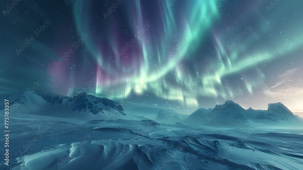 Vibrant colors from a breathtaking polar lights display dance over a tranquil icy mountain landscape beneath the evening sky, creating a mesmerizing scene.