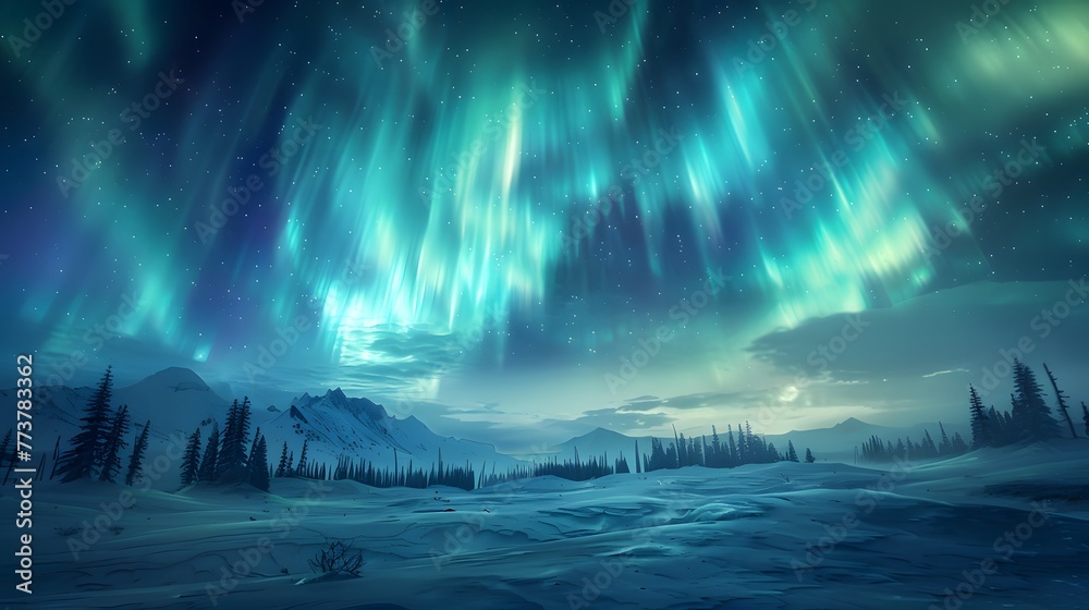 Under the evening sky, a serene icy mountain landscape is illuminated by a stunning display of polar lights, casting vibrant colors across the horizon.