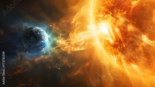 Planet Earth is shown with a spectacular view of an intense solar flare activity in the vastness of space.