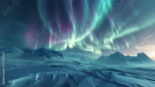 Vibrant colors from a breathtaking polar lights display dance over a tranquil icy mountain landscape beneath the evening sky, creating a mesmerizing scene.