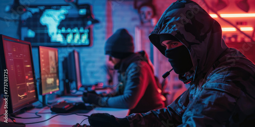 A man in a camo jacket is sitting in front of a computer with a headset on