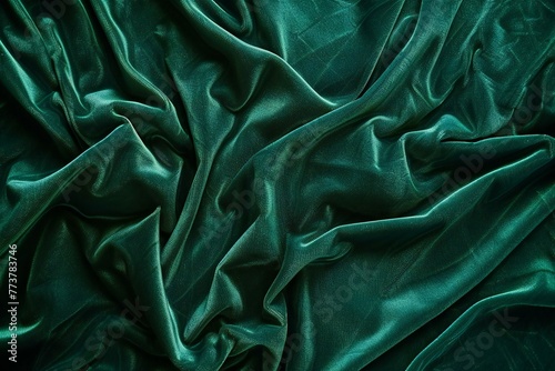 Closeup of rippled green satin fabric as background texture