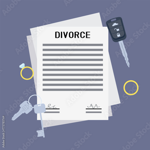 Divorce certificate, keys and wedding rings on lilac background