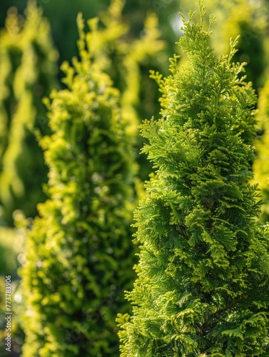 A row of evergreen trees are lined up in a field