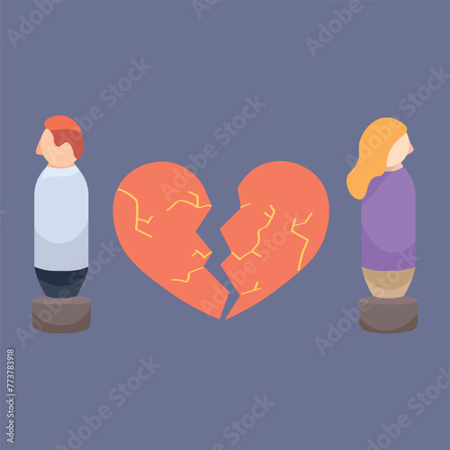 Broken heart and figurines of spouses on lilac background. Concept of divorce