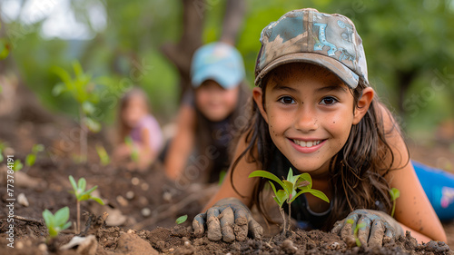 Tender illustration: European girl tends sprout, marking World Tree Planting Day photo