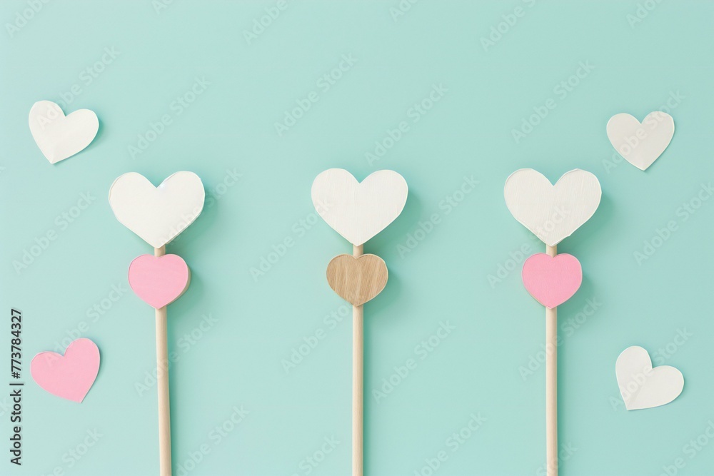 Valentine's day background with hearts on wooden skewers