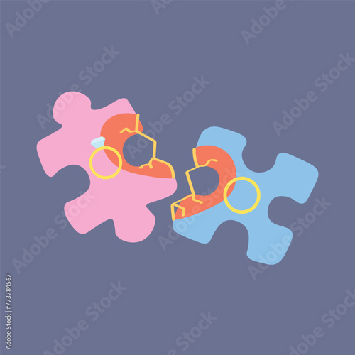 Jigsaw puzzle pieces and wedding rings on lilac background. Concept of divorce