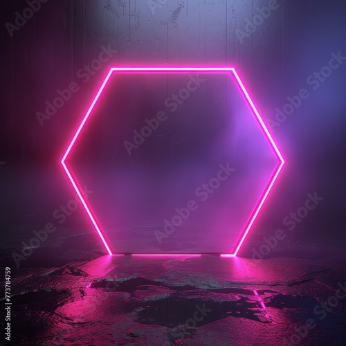 An expansive, neon hexagon frame in hot magenta, illuminating the edges with high intensity, standing out against a backdrop of absolute darkness photo