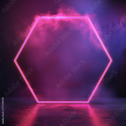 An expansive, neon hexagon frame in hot magenta, illuminating the edges with high intensity, standing out against a backdrop of absolute darkness photo