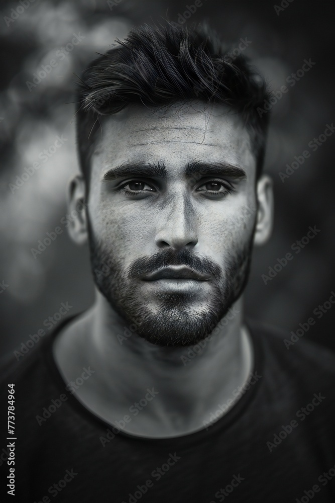 Portrait of a handsome young man with a beard,  Black and white