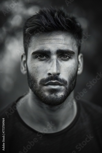 Portrait of a handsome young man with a beard, Black and white